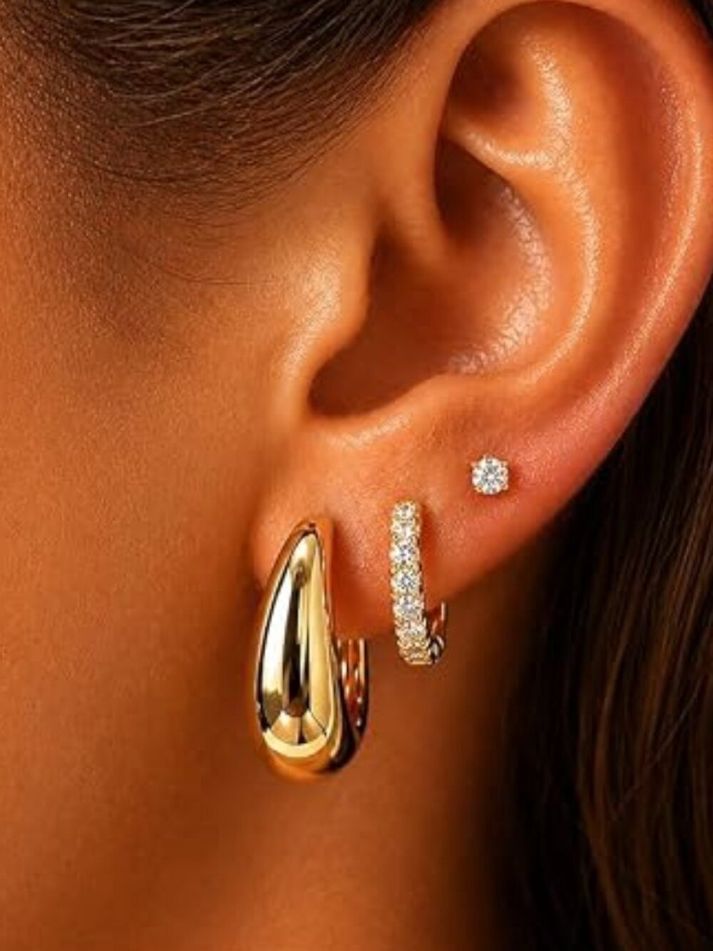 3 Pairs 14K Gold Huggie Hoop & CZ Stud Earrings Set